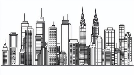 Fototapeta premium A simple line drawing of a city skyline, showing New York-style skyscrapers and apartment buildings. 