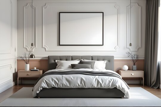 Elegant Modern Bedroom with Luxurious White and Gray Bedding and Ornate Wall Moldings