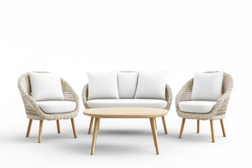 Beige rattan outdoor seating set with white cushions and a round wooden table