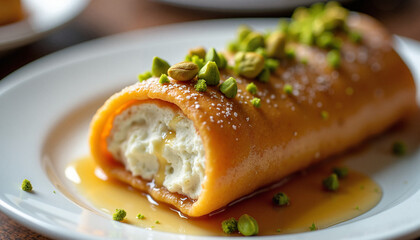Delicious dessert roll filled with cream and topped with pistachios, Homemade Atayef  