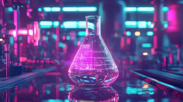 Futuristic science laboratory with a glowing beaker of neon liquid, surrounded by high-tech research equipment.


