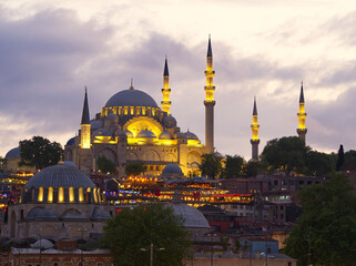 Illuminated mosque at dusk in Istanbul