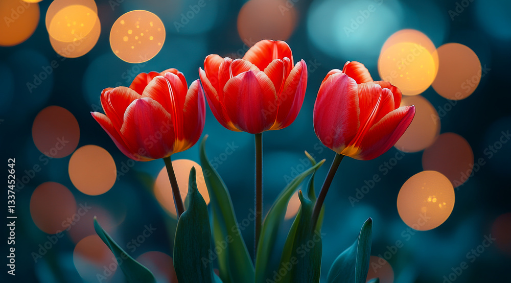Poster red tulips with soft bokeh. three vibrant red tulips stand against a dreamy background of softly glo