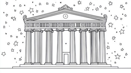 Ancient Greek Temple Drawing with Stars