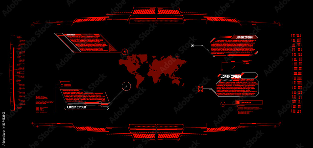 Poster futuristic digital interface displaying global information and analytics in red and black tones.