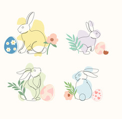 Obraz premium Colorful decorated Bunnies and Easter eggs with floral, geometric, leaves, patterns. Flat vector illustration style. Easter celebration holiday concept