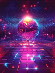 Retro disco ball on glowing dance floor