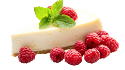 Piece of cheesecake with raspberries and mint isolated on white background