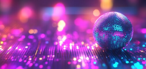 Disco ball on neon glitter dance floor
