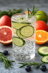 Refreshing cucumber and rosemary drink garnished with fresh fruits on a textured background