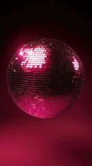 Pink glowing disco ball in dark room