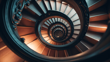 Dramatic view looking down a spiral staircase with wood steps, ornately designed railings, and unique geometric patterns.