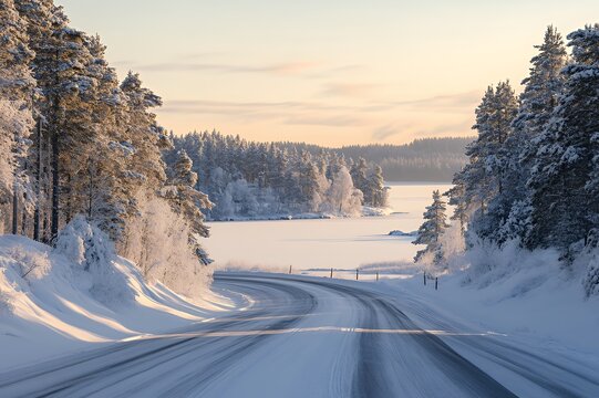 Snowy Road Curves Through Winter Forest Towards Frozen Lake