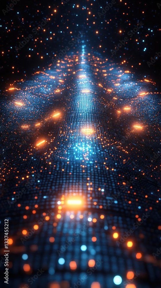 Poster futuristic digital landscape with glowing particles creating a pathway through space
