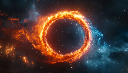 Obraz premium Fiery and icy circle in cosmic space. Abstract concept of fire and ice. Concept of contrast, energy, balance, and cosmic design. Black hole,
