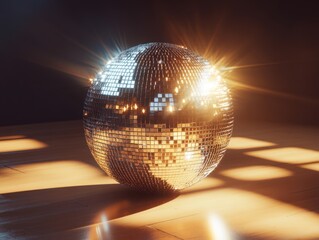 Disco ball glowing on wooden floor