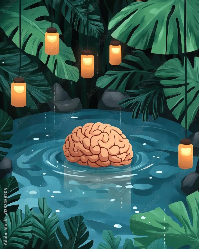 Poster surreal scene of a brain floating in a tranquil pool surrounded by lush greenery and lanterns