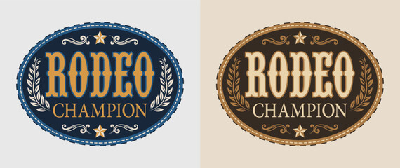 Rodeo Champion belt buckle Label Cowboy bull rider style emblem vector design