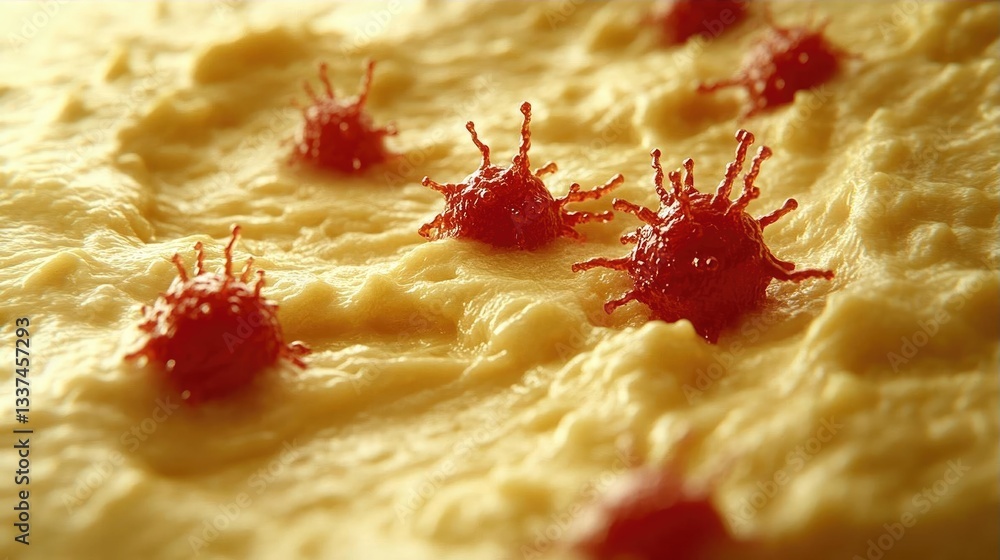 Poster close-up view of textured surface resembling a biological specimen with red spherical elements
