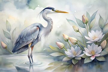 Naklejka premium Watercolor Heron with Water Lilies in Pond Scene