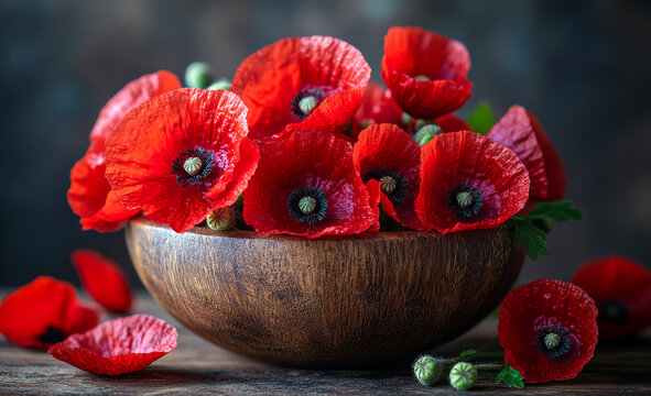Vibrant red poppy flowers in wooden bowl. Fresh red poppy flowers are arranged beautifully in a wooden bowl, creating a colorful centerpiece with rustic charm. - Powered by Adobe