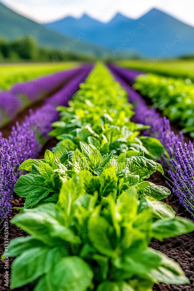 Poster a captivating scene showcases rows of lush crops flanked by fragrant lavender and mint, enhancing th