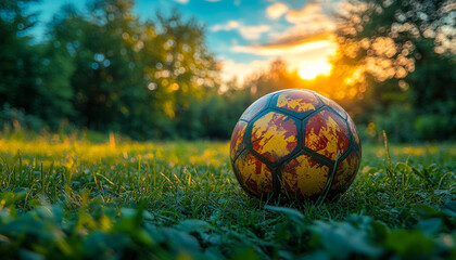 Fototapeta premium Soccer ball rests on grass at sunset. A colorful soccer ball is placed on lush grass during a vibrant sunset, showcasing nature's beauty and tranquility.