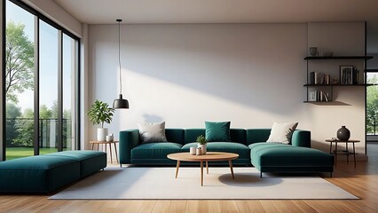 Modern Living Room Design: Green Sectional Sofa, Wooden Coffee Table, and Natural Light