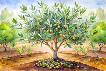 Fototapeta premium Watercolor Olive Tree with Green Olives Illustration