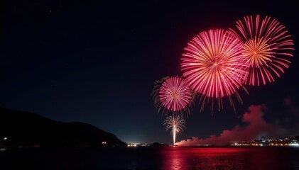 Black background, intense fireworks burst, panoramic view , festival, texture