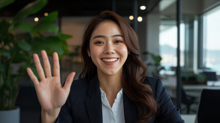 Smiling businesswoman waving hand during video conference in office