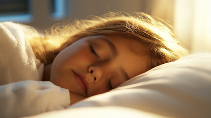 Serene child sleeping in bed with sunlight on her hair