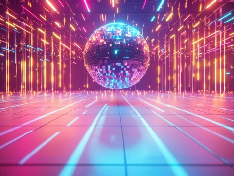 Disco ball in neon light tunnel