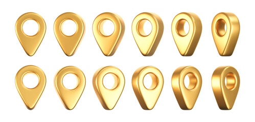 3D gold location pointer icon set isolated on a white background. A render of a realistic golden direction sign and location map pin. Navigation GPS sign. 3D cartoon vector icon