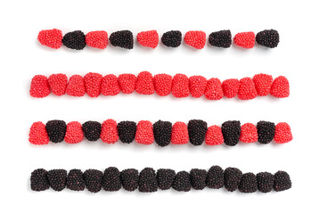 Gummy berries, chewy raspberries or jelly blackberries, gelatin candies fruit marmalade