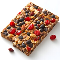 Two delicious and healthy granola bars with nuts, seeds, dried fruit, and chocolate chips are perfectly arranged on a white background.