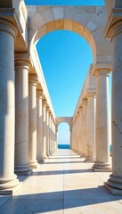 Elliptical colonnade of ancient marble pillars against a vibrant blue sky , blue, vertical