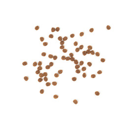 Dry pet food, dog kibble pile, puppy pellets, small canine protein croquette meal, animal food