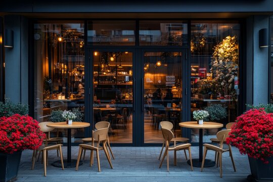 front view photo, exterior of the coffee shop, glass window door with interior visible from the front, furniture decoration and appropriate layout design, modern concept