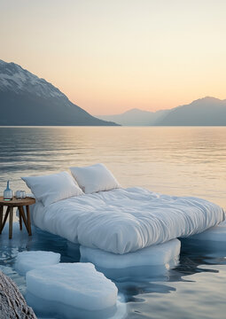 Koniec zimy - Białe poduszki i pościel na ł&oacute;żku na jeziorze - lodowe kry i ł&oacute;żko na wodzie
