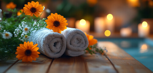 Calm vibes with towels and flowers. Fresh towels sit on wood, surrounded by bright flowers and soft candlelight, creating a serene vibe.