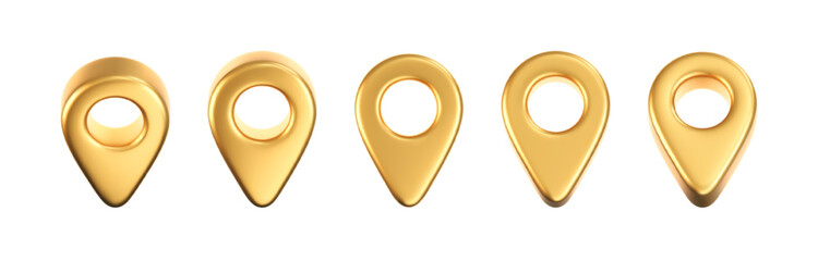 3D gold location pointer icon set isolated on a white background. A render of a realistic golden direction sign and location map pin. Navigation GPS sign. 3D cartoon vector icon