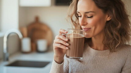 Woman enjoying a delicious hot chocolate in her kitchen
