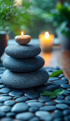 Stacked stones with glowing candlelight. Smooth stones arranged in a tranquil stack with a small candle on top, creating a peaceful ambiance.