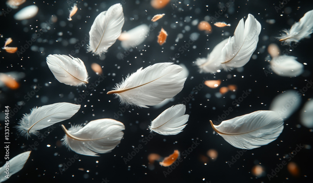 Poster floating white feathers in dark space. delicate white feathers drift gracefully amidst a dark backdr