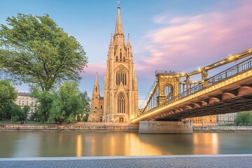 Fototapeta premium Budapest Church for Bridge, Sunset Glow.