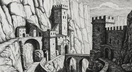 Ancient Fortress Cliffside Drawing