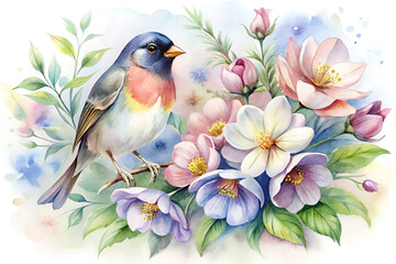 Watercolor Bird and Floral Clipart with Pastel Flowers