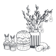 Easter cake with flowers and willow branches, eggs and bunny cupcakes.  Vector sketch  illustration. 