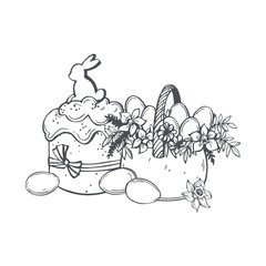 Easter cake with eggs and  basket of flowers.  Vector sketch  illustration. 